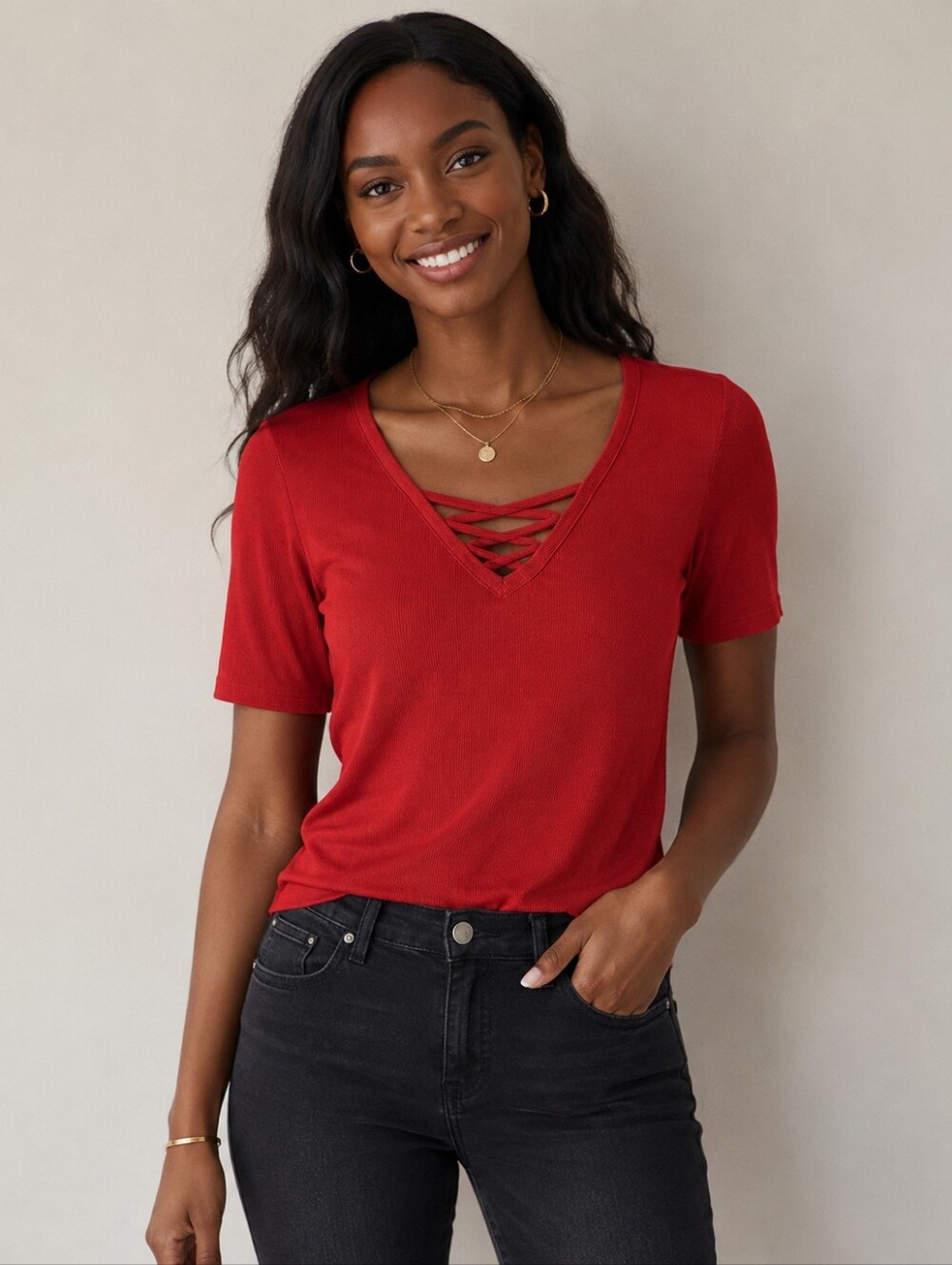 ❤️ MICHAEL STARS RIBBED CRISS CROSS TOP/TEE